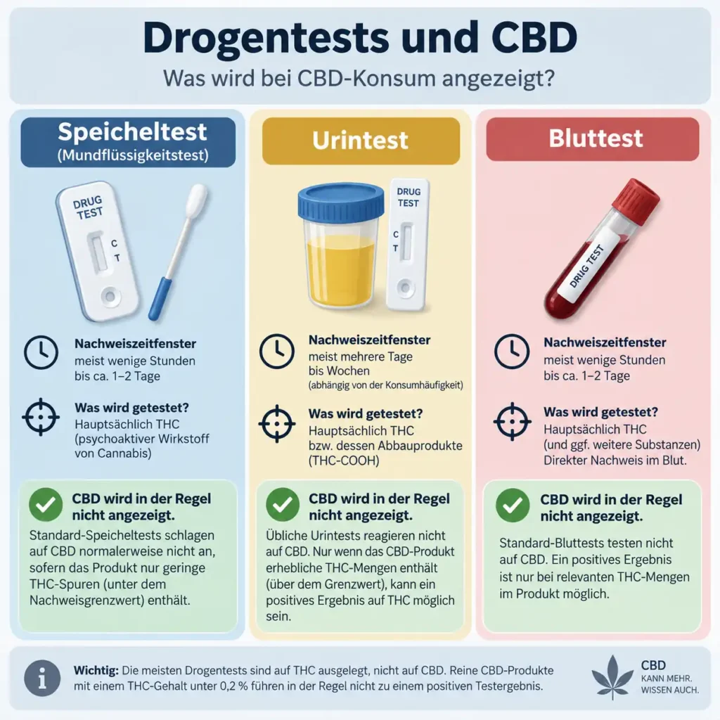 Infografik zu Drogentests und CBD mit &Uuml;bersicht zu Speicheltest, Urintest und Bluttest sowie deren Nachweiszeiten und m&ouml;glichen THC-Nachweisen bei CBD-Konsum.