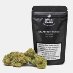 Qualicann Grapefruit Punch CBD-Blütenpackung in Schwarz mit weißen Schriftzügen, davor mehrere CBD-Blüten auf weißem Hintergrund.