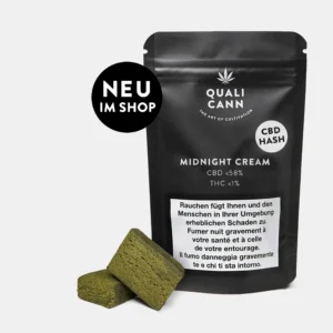 Qualicann CBD Hash Midnight Cream mit Haschstücken vor schwarzer Verpackung