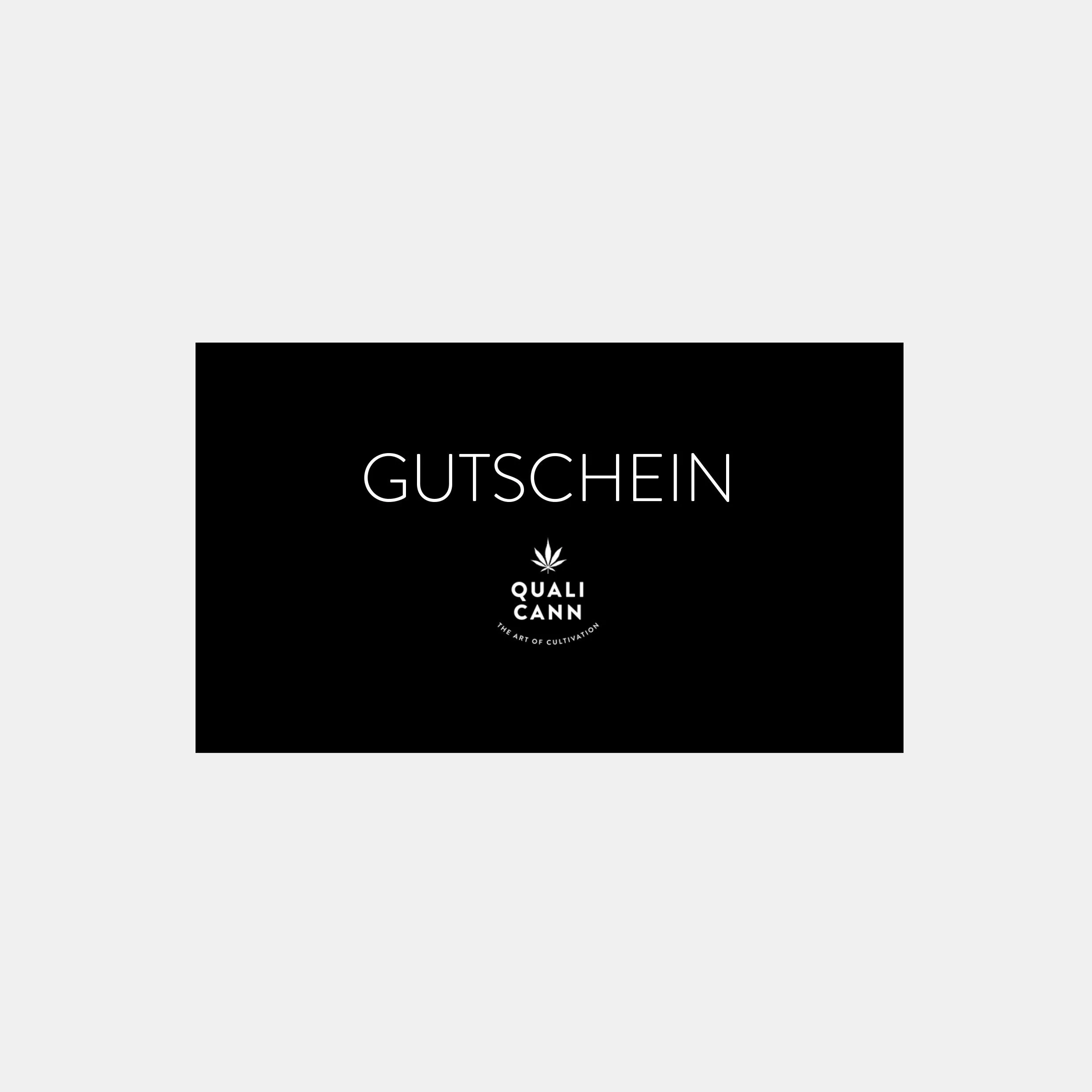 Ein schwarzer Geschenkgutschein mit der weißen Aufschrift "GUTSCHEIN" oben und dem Logo sowie dem Namen "QUALICANN – THE ART OF CULTIVATION" unten, für den Qualicann CBD Online-Shop.