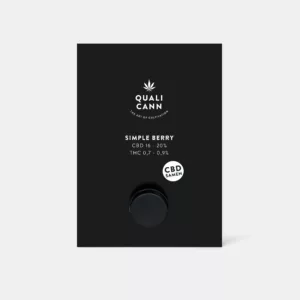 Elegante, geschlossene Verpackung der QualiCann Simple Berry CBD-Samen mit deutlich sichtbaren Produktangaben zu CBD- und THC-Gehalt, ideal für qualitätsbewussten Eigenanbau.