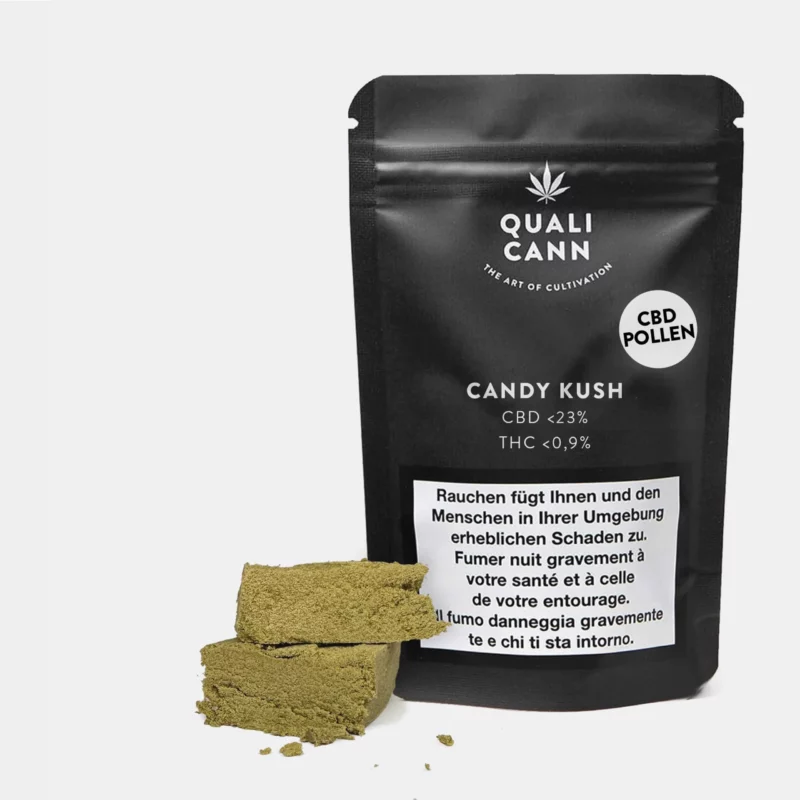 Das Bild zeigt eine schwarze, minimalistisch designte Verpackung mit der Aufschrift "CANDY KUSH CBD POLLEN", begleitet von Angaben zum CBD- und THC-Gehalt