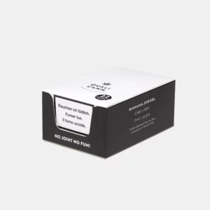 Schwarze und weiße Verpackungsbox von Qualicann für CBD-Prerolled Joints mit der Aufschrift "Banana Diesel" (CBD 18%, THC