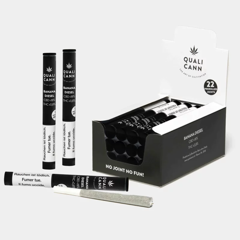 eine geöffnete 22er-Box mit CBD-Prerolled Joints der Sorte Banana Diesel von Qualicann. Die stilvolle schwarze Verpackung dient gleichzeitig als Theken-Display.