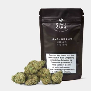Qualicann Lemon Ice Puff CBD-Blüten in eleganter schwarzer Verpackung mit frischer CBD Blüte im Vordergrund