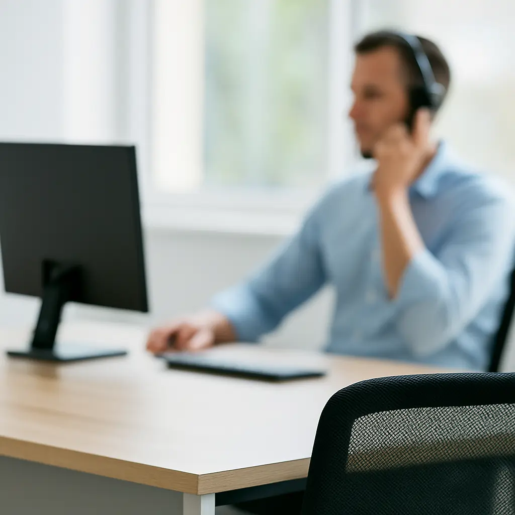 Ein modernes Büro mit einem unscharf dargestellten Mitarbeiter am Telefon im Hintergrund. Im Vordergrund steht ein Schreibtisch mit Monitor und Bürostuhl, was Kundendienst und Support symbolisiert.