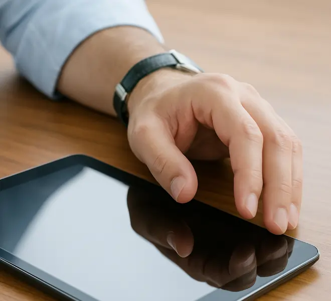 Ein Arm einer Person, der ein iPad bedient und die Qualicann Homepage besucht. Die mobile Nutzung betont die Zugänglichkeit unserer Informationen und Services für Kunden, egal wo sie sind.