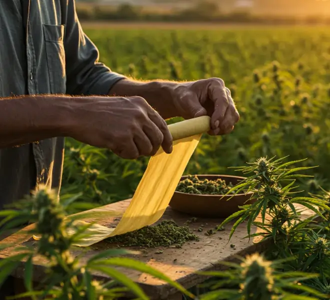 Ein Mensch rollt traditionell CBD-Blüten zu Haschisch auf einem Holztisch mitten in einem Hanffeld bei Sonnenuntergang. Im Vordergrund sind reife Hanfpflanzen und eine Schale mit getrockneten Blüten zu sehen.