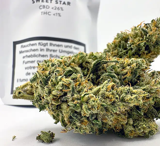 Nahaufnahme der CBD-Blütensorte Sweet Star mit der Verpackung im Hintergrund
