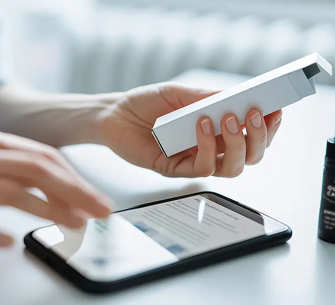 Nahaufnahme einer Hand, die ein CBD-Produkt von Qualicann hält, während auf einem Smartphone eingekauft wird – Symbol für bequemes Online-Shopping und hochwertige CBD-Produkte aus der Schweiz.