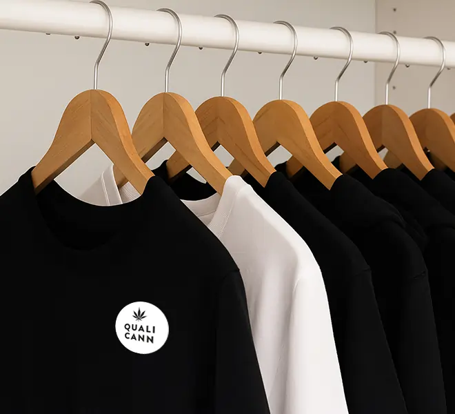 QUALICANN Sweater in Schwarz und Weiß auf Holzkleiderbügeln – stilvolles CBD-Merchandise aus der Schweiz mit Logo