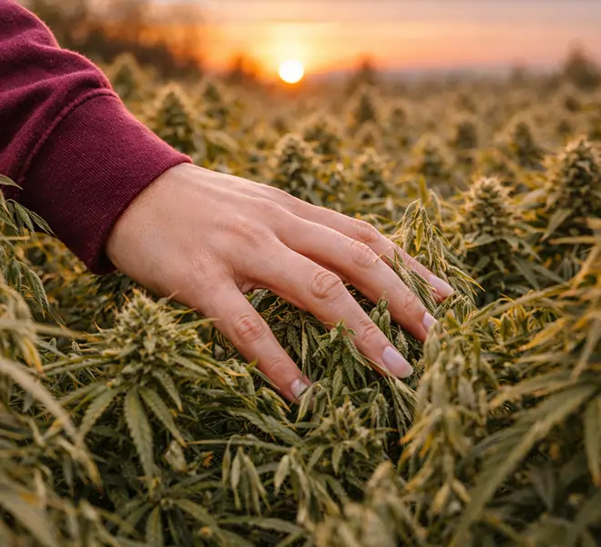 Reife Hanfpflanzen auf dem Feld bei Sonnenuntergang in nat&uuml;rlicher Umgebung