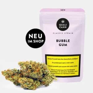 Grüne Cannabis Blüte mit orangefarbenen Härchen vor Bubble Gum Verpackung mit schwarzem Kreis und Aufschrift ‚Neu im Shop‘ auf hellem Hintergrund