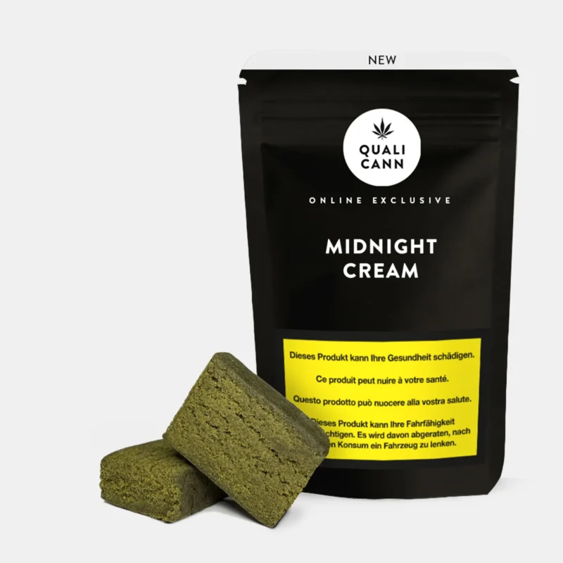 Midnight Cream CBD Hash von Qualicann mit Verpackung und Hash Stück