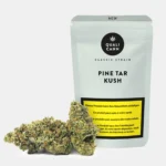 Qualicann Pine Tar Kush CBD Blüten mit Cannabis Blüten vor hellgrüner Verpackung