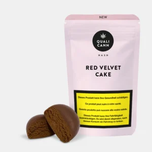 Red Velvet Cake CBD Hash von Qualicann mit Verpackung und Hash Stück