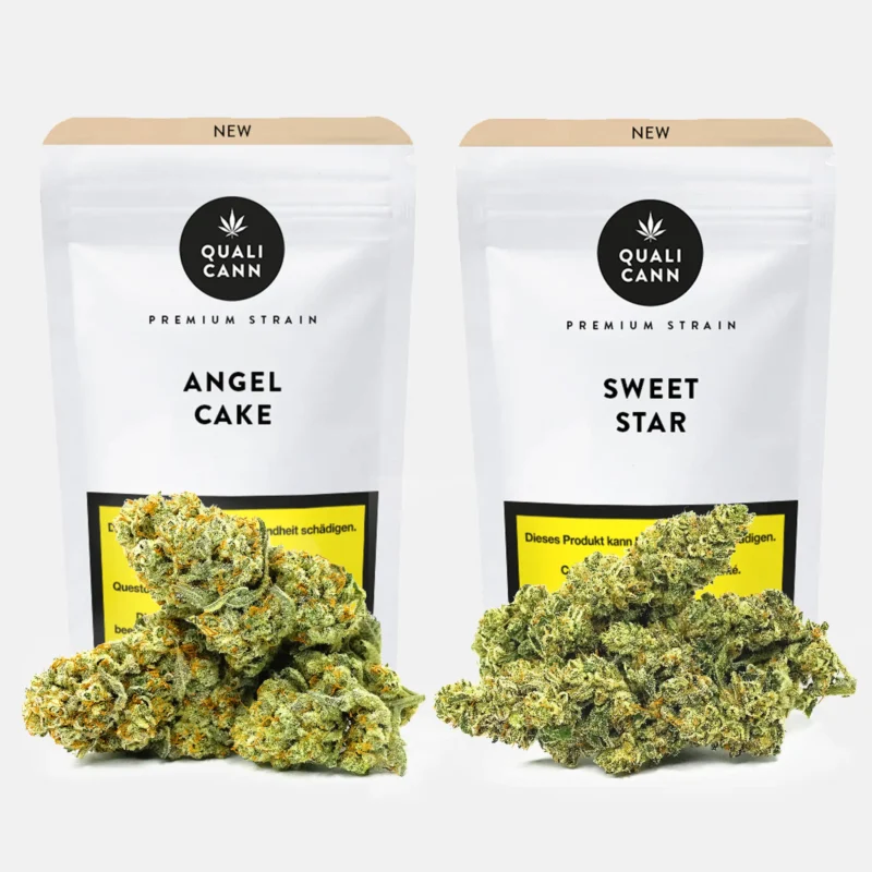 Zwei weiße Verpackungen mit den Aufschriften ‚Angel Cake‘ und ‚Sweet Star‘ neben hellgrünen Cannabisblüten mit orangefarbenen Härchen