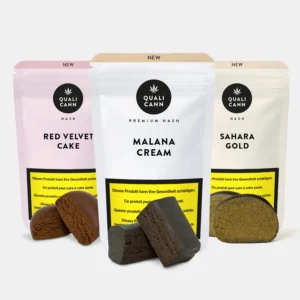 Drei Qualicann CBD-Hash Sorten in Standbeuteln mit Hashstücken davor: Red Velvet Cake, Malana Cream und Sahara Gold
