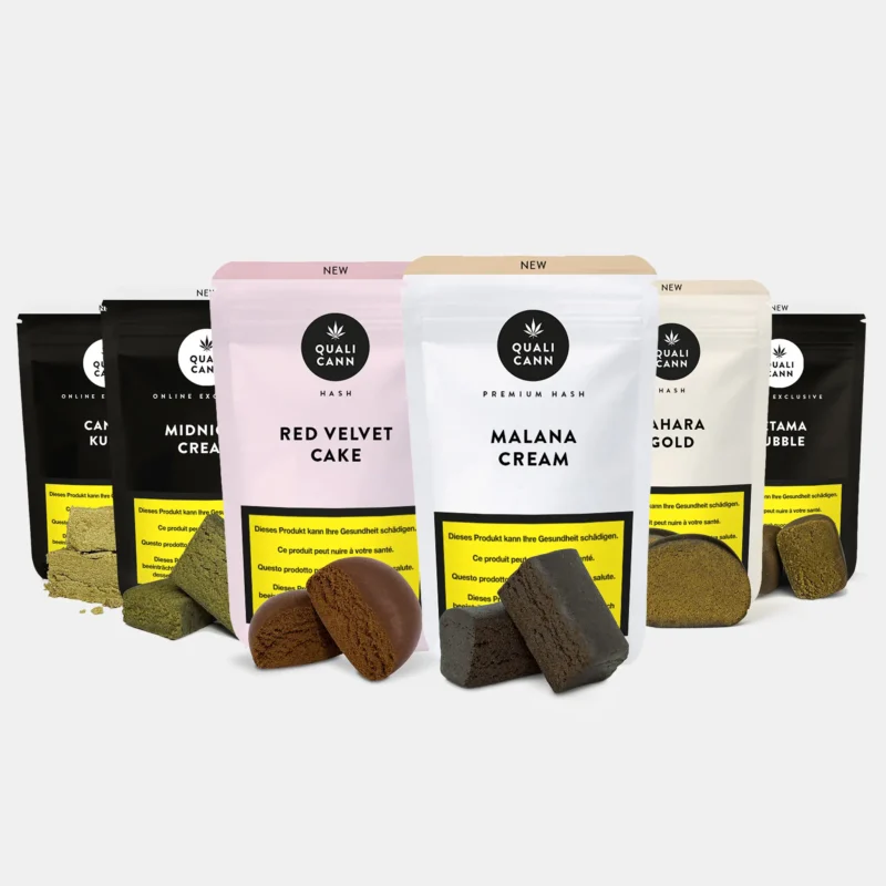 Mehrere Qualicann CBD-Hash-Produkte in verschiedenen Verpackungen mit Hash-Blöcken vor hellem Hintergrund, darunter Red Velvet Cake, Malana Cream und Sahara Gold