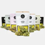 Mehrere Qualicann CBD-Blüten Sorten in farbigen Standbeuteln mit Cannabisblüten davor, darunter Angel Cake, Bubble Gum, Banana Diesel und Pine Tar Kush