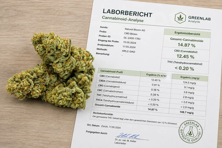 CBD-Bl&uuml;ten neben einem Laborbericht zur Cannabinoid-Analyse. Der Laborbericht zeigt beispielhaft die gemessenen CBD- und THC-Gehalte sowie das Cannabinoid-Profil einer CBD-Probe