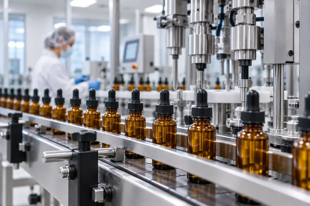 Automatisierte Abf&uuml;llung von CBD-&Ouml;l in Braunglasflaschen in einer Produktionsanlage.