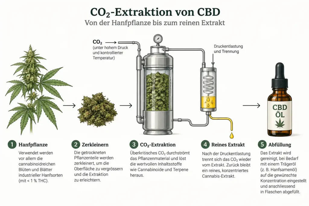 Infografik zur CO₂-Extraktion von CBD &ndash; von der Hanfpflanze &uuml;ber die Extraktion bis zur Abf&uuml;llung als CBD-&Ouml;l.