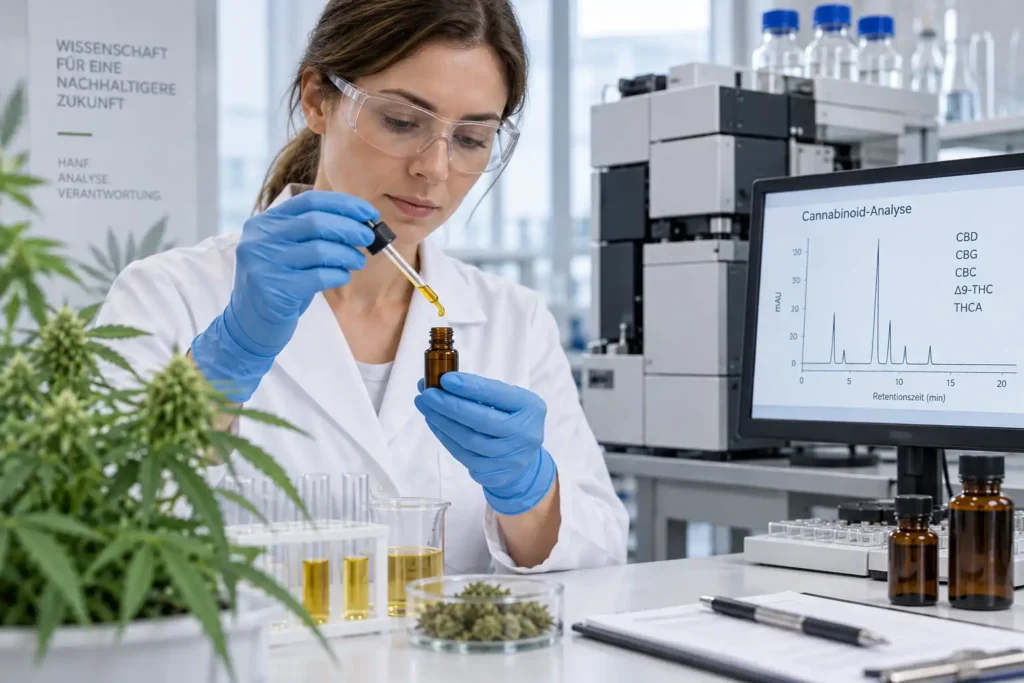 Laborantin analysiert CBD-&Ouml;l und Cannabinoide im Labor neben einer Hanfpflanze.