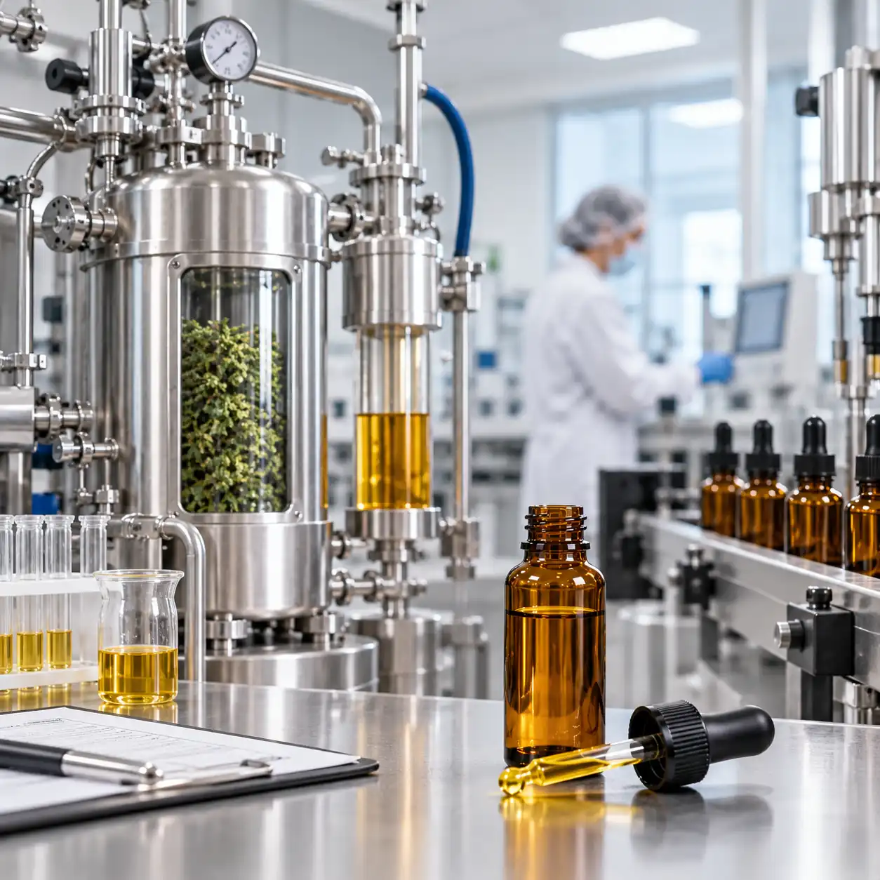 CBD-Öl-Herstellung mit Extraktionsanlage, Abfüllung und Laborkontrolle.