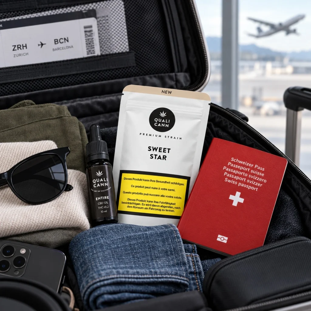 Ge&ouml;ffneter Reisekoffer am Flughafen mit QualiCann CBD-Produkten, Schweizer Pass, Kleidung und Reiseutensilien. Im Hintergrund ist ein Flugzeug zu sehen, passend zum Thema Reisen mit CBD und Cannabisprodukten.