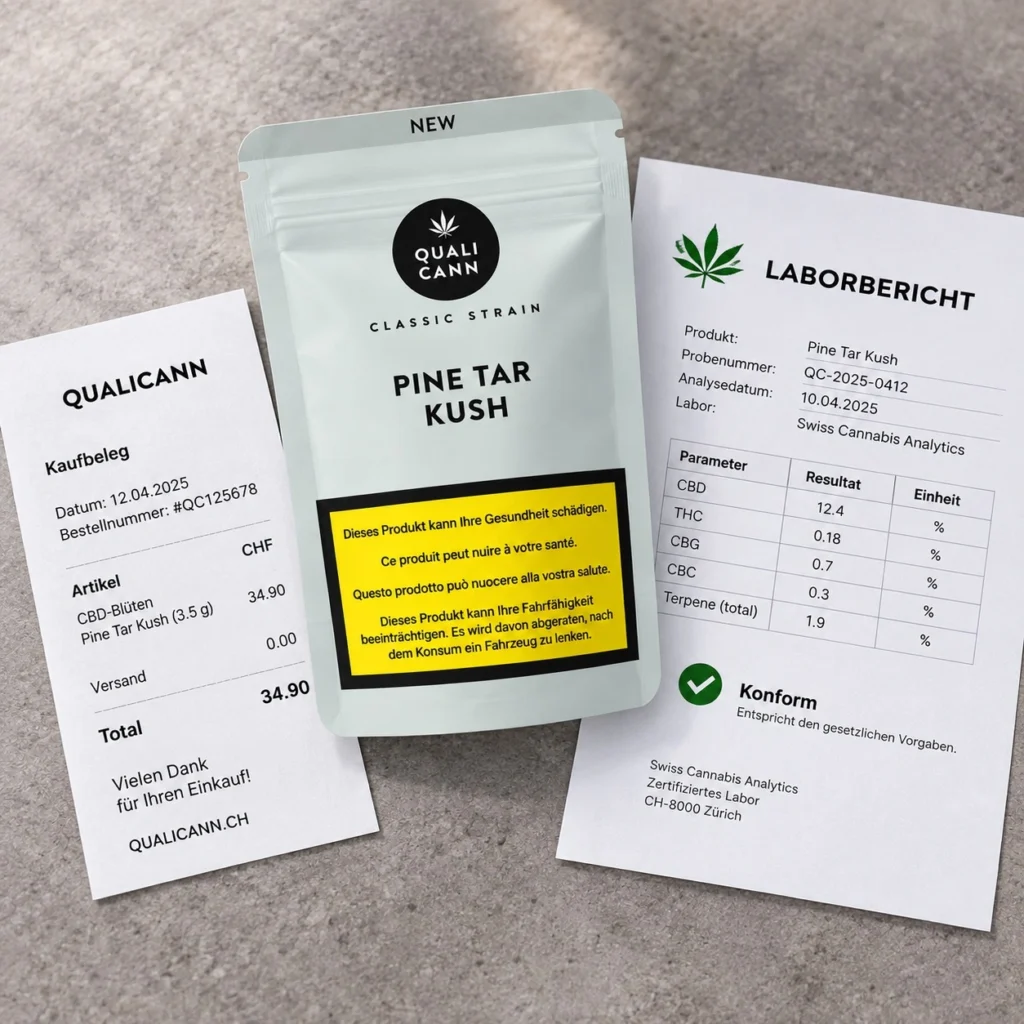 Qualicann CBD-Bl&uuml;ten &bdquo;Pine Tar Kush&ldquo; neben Kaufbeleg und Laborbericht mit Angaben zu CBD- und THC-Gehalt. Das Bild zeigt die transparente Qualit&auml;tskontrolle und Produktdokumentation von CBD-Produkten in der Schweiz
