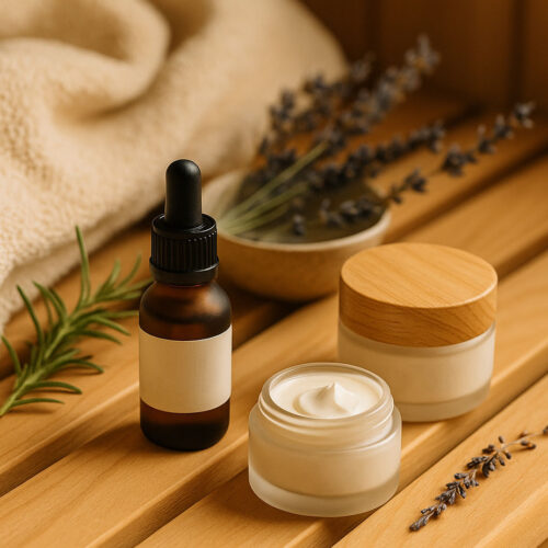 Natürliche CBD-Kosmetikprodukte auf Holzoberfläche – Glasflasche mit Pipette, Cremedöschen, Lavendel und Rosmarin sorgen für ein entspannendes Spa-Ambiente.