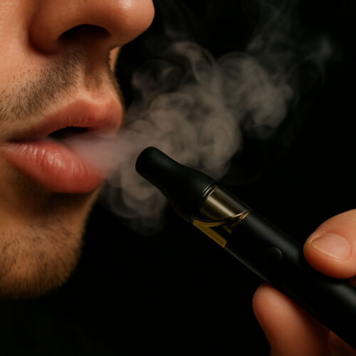 Nahaufnahme eines Mannes beim Inhalieren von Dampf aus einem schwarzen CBD-Vape-Pen – sichtbare Dampfwolke vor dunklem Hintergrund.