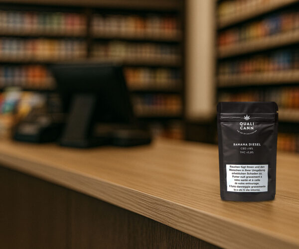 Verpackung der CBD-Sorte ‚Banana Diesel‘ von Qualicann auf Ladentheke in einem Fachgeschäft, mit unscharfen Regalen im Hintergrund.